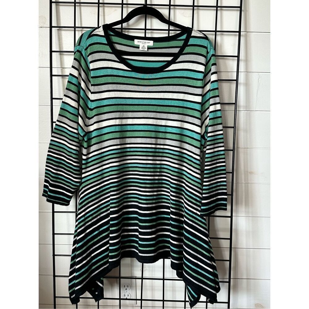 Skye's The Limit Tunic Sweater Womens 1X Green Asymmetrical Striped Coastal